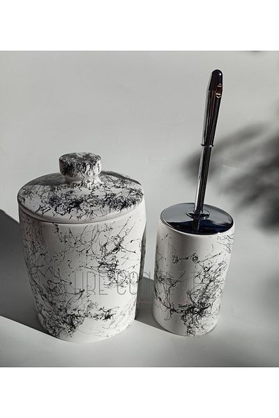Ture Concept Black and White Patterned Bathroom Trash Can & Toilet Brush