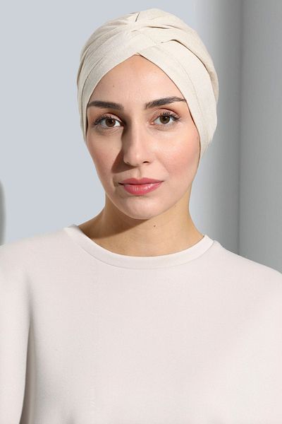 Vera Aura Ready Turban Bonnet χτενισμένη άμμος Beige Cross Banded Women's Hijab Bonnet Hijab Εξωτερικό καπό