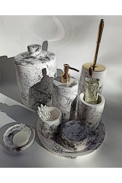 Ture Concept Bathroom Set Tray, Trash Can, Toilet Brush, Liquid Soap Dispenser, Solid Soap Dispenser, Cotton Dispenser, Fluff Dispenser