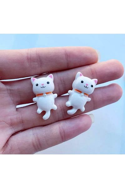 1PARÇAMAVİ Non-Perforated Girl's Earrings with White Cat Clip