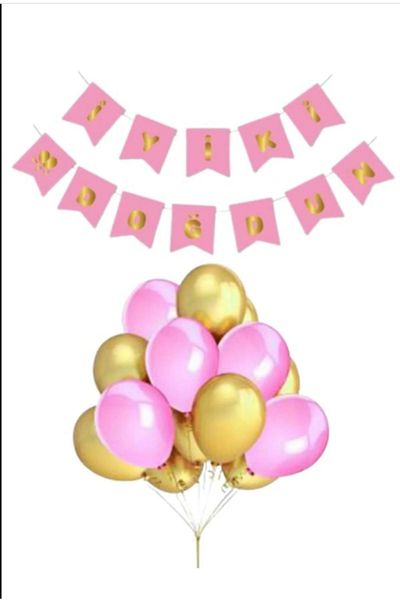 PartAntalya Good Banner Set with Birthday Writing - Pink and Gold Balloons, Gold Leaf