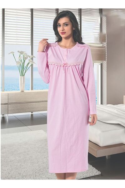 ATINÇ ثوب نوم نسائي وردي بأكمام طويلة من القطن الممشط 520