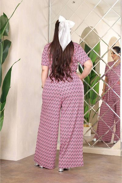 garajmood Plus Size Pink Patterned Double-breasted Collar Jumpsuit