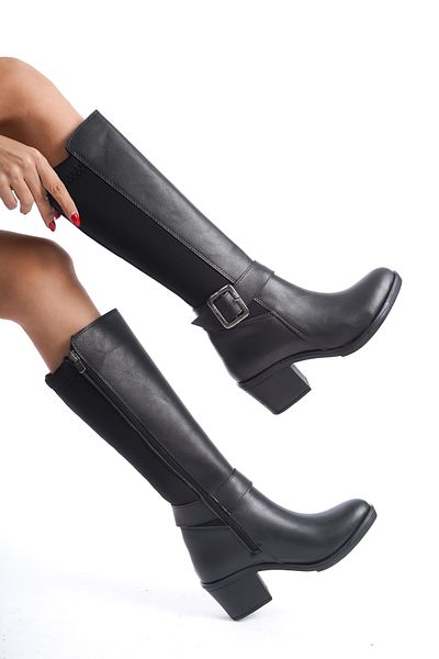 asmi shoes Черни ботуши до коляното с катарама и детайли за гмуркане от плат