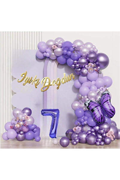 DÜVENCİ TİCARET Mor Kelebekli Mor Rakamlı Sade Lüks Doğum Günü Parti Seti Süsü