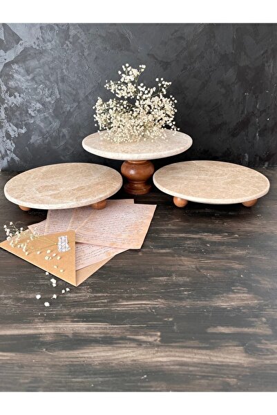 İDAY HOME Doğal Mermer Kek Pasta Standı, Ahşap Ayaklı Kek Standı, Mermer Sunu...
