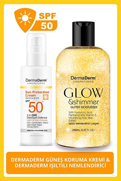 DermaDerm SPF50+ Yüz ve Vücut Güneş Kremi 100ml ve Dermaderm Işıltılı Nemlendirici 250Ml.