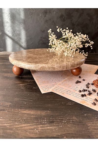 İDAY HOME Marble Presentation Holder Emparador Decorative Wooden Ball Leg