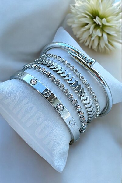 TAKIPORT 5 Parçalı Gümüş Renk Zirkon Taşlı Kadın Bileklik Seti