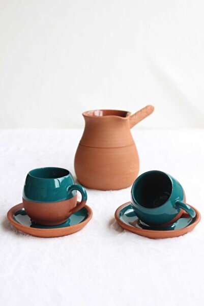 Toprak Ürünler طقم كوب ووعاء قهوة من بيرستي لشخصين (أخضر بترولي)