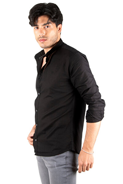 DeepSEA Ανδρικό μαύρο ριγέ Lycra πουκάμισο με γιακά ακατέργαστο λινό μακρυμάνικο 2201895