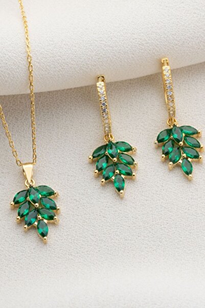 Silvano Jewelry 925 Ayar Gümüş Zümrüt Yeşili Kolye Küpe Takı Seti