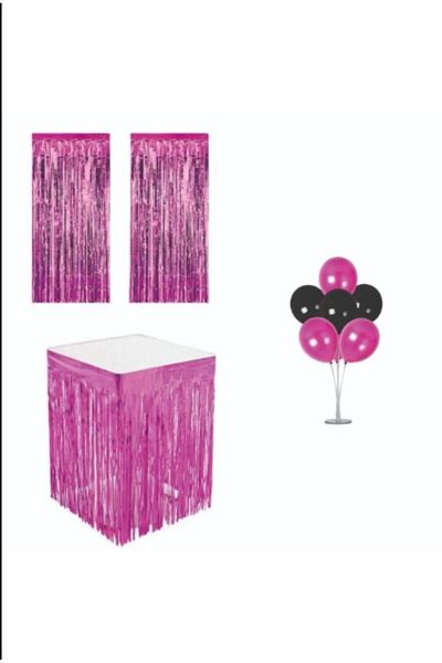 PartAntalya Pink Metallized Wall Curtain and Balloon Stand - Tasseled Table Skirt Party Set