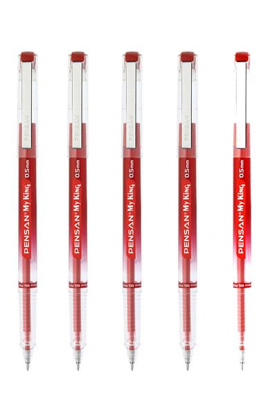 Pensan My King Red 0.5 Mm Pen - Needle Point, Metal Clip, Gel Ballpoint - 5 Pieces