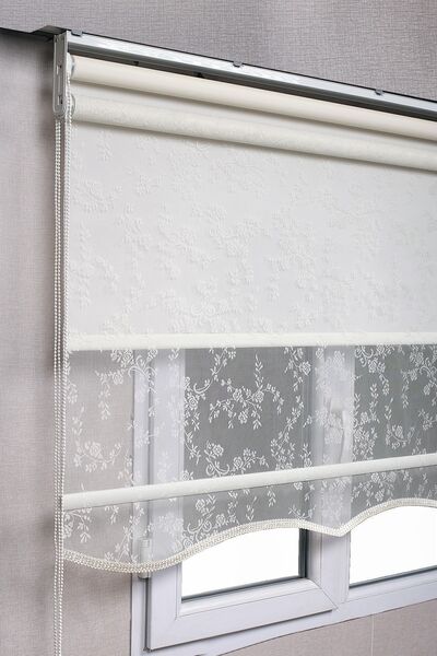 bizdenperde Çift Mekanizmalı Kırık Beyaz Çiçek Desenli Tül Ve Stor Güneşlik P...