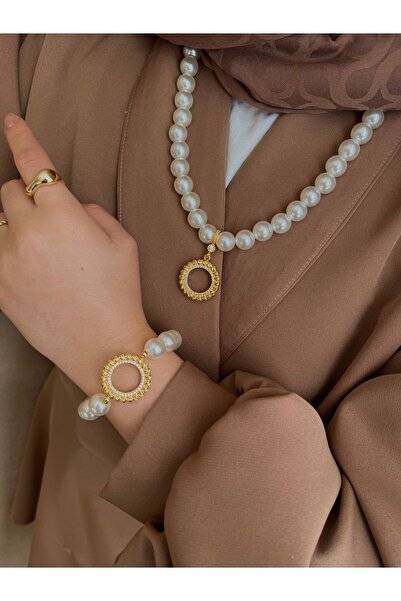 ENT COLLECTİON Dorika model çeyrek altın uyumlu incili kolye ve incili bilekl...