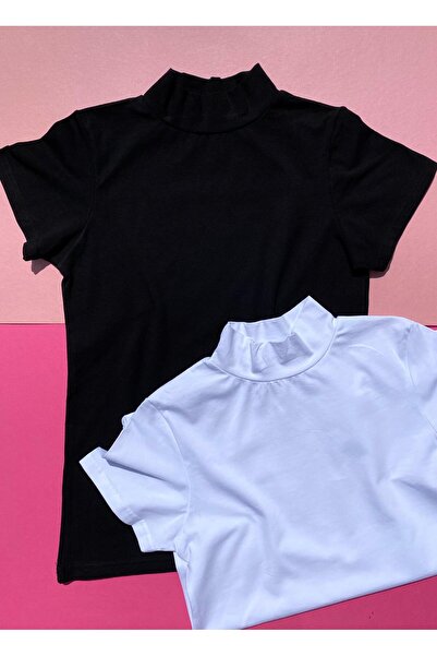 VicTroy Ασπρόμαυρο 2 τμχ Λεπτή Λύκρα Μπλούζα Μισό Λαιμό Αθλητής-Σώμα