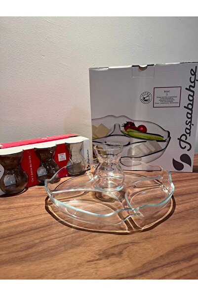 Paşabahçe 12 parça kahvaltı seti 6 adet bölmeli tabak 6 adet dantel çay bardağı