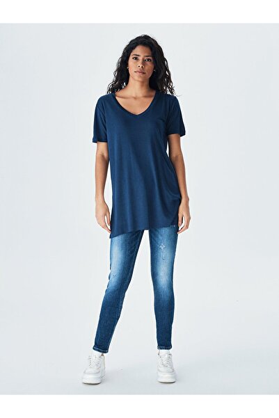 Ltb Draped V-Neck Navy Blue T-shirt