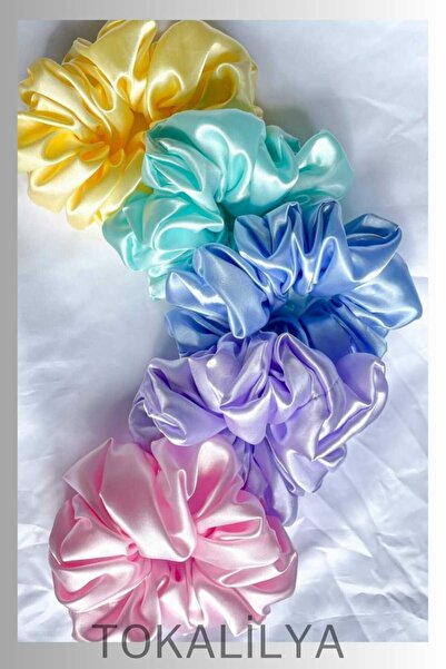 TOKALİLYA Kadın 5Li Çapı 15 Cm Saten Gökkuşağı Saç Lastik Simit Scrunchie Tok...