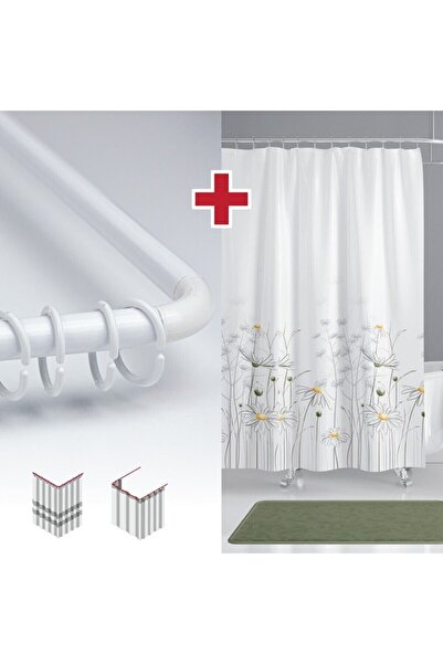 Tropikhome Papatya Desen Banyo Perdesi Askı Hediyeli 180x200cm Tek Kanat Duş Perdesi, L Boru Hediyeli