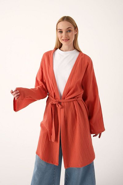 ALLDAY Světlé cihlové bavlněné páskové kimono