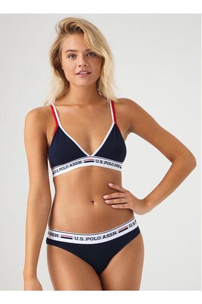 U.S. Polo Assn. Set sutien și chiloți pentru femei cu bretele subțiri bleumarin