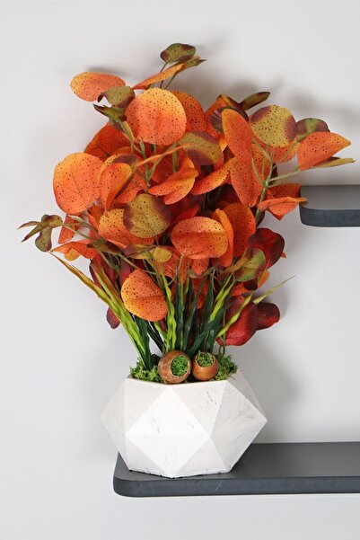 Yapay Çiçek Deposu Beton Saksıda Yapay Turuncu Okaliptus Tanzimi 42 Cm