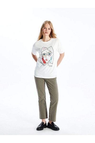 LC Waikiki T-shirt damski LCW – okrągły dekolt, z nadrukiem, z krótkim rękawem