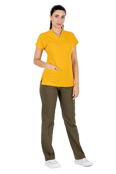 Alsancak Üniforma Muștar/kaki Lycra Scrubs din țesătură groasă și elastică Flex Bat Sleeve Doctor Nurse Jersey