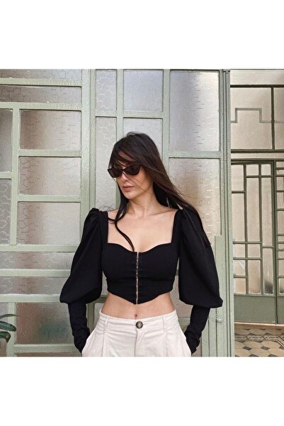 marsupilamistores Siyah balon kol crop bluz