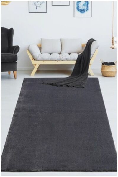 SERİA HALI Seria Halı Antrasit Tavşan Yumuşak Peluş Post Yıkanabilir Kaymaz T...