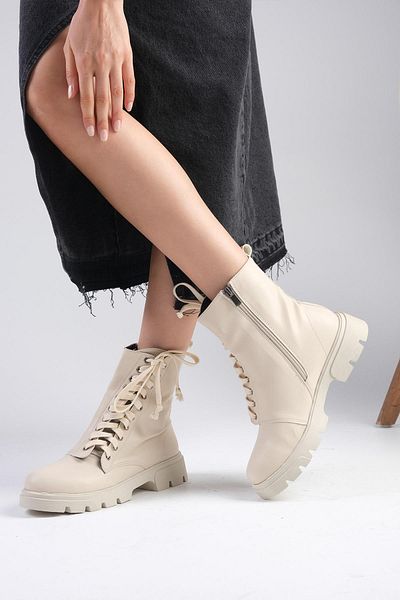 Mio Gusto Janet Beige Women's Lace-Up and Zippered Thick-Soled Boots