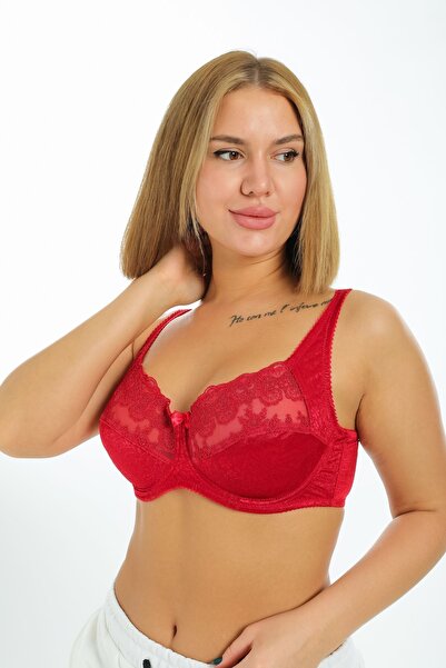 Malika Kadın Kırmızı Brode Dantelli Balenli Minimizer Toparlayıcı Sütyen 4676004-hürrem