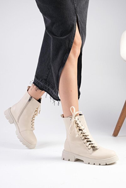 Mio Gusto Janet Bej Renk Bağcıklı Ve Fermuarlı Kalın Tabanlı Kadın Postal Bot