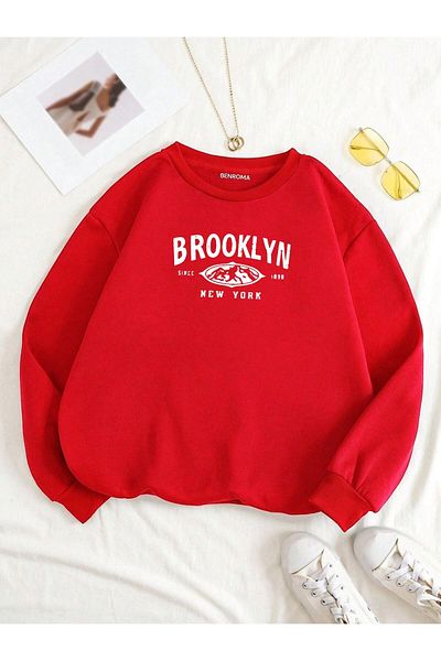 BENROMA Унисекс суитшърт с щампа Brooklyn - голям размер - с кръгло деколте