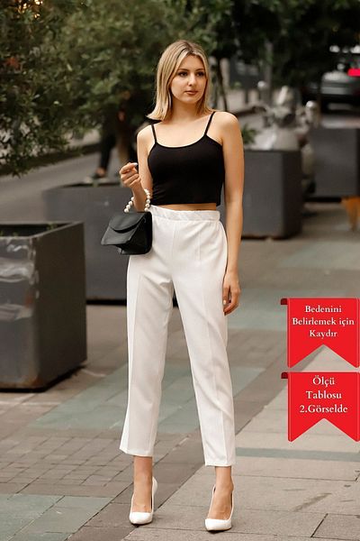 Feela Moda 1001 Pantaloni de damă țesuți cu lycra cu talie înaltă cu picior de morcov alb