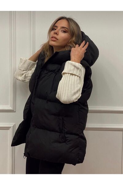AKSİS siyah kapüşonlu kadın şişme yelek