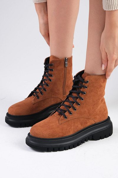 Mio Gusto Alex Tan Color Suede Lace Up and Zippered Thick Sole Women's Boots
