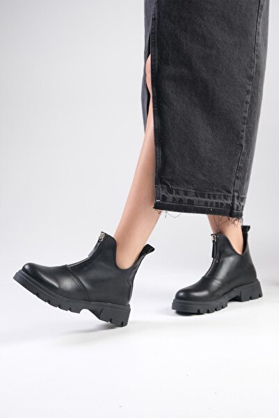 Mio Gusto Jill Siyah Renk Ince Kürk Astarlı Önden Fermuarlı Kalın Tabanlı Kadın Bot