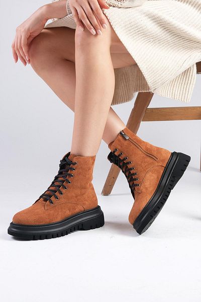 Mio Gusto Alex Tan Color Suede Lace Up and Zippered Thick Sole Women's Boots