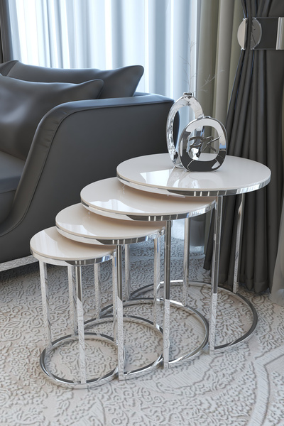 Puklife Ceylin 4lü Zigon Sehpa Gümüş Renk Metal Ayak, Parlak Krem Mdf