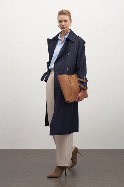 mathilda store Women's Navy Blue Double Breasted Collar Waterproof Private Edition Oversize Trench Coat with Shoulder Button Strap