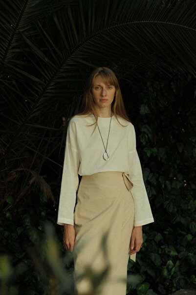 Mathilda Store Kadın Taş Rengi Keten Midi Uzun Etek Belden Bağlama Detaylı %1...