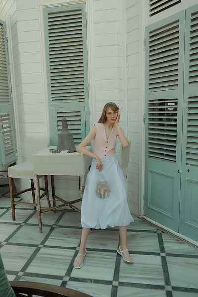 mathilda store Pink V-Neck Linen Vest - Zero Sleeve, Buttoned, Ornamental Pocket Detail, Slim Lined Special Edition