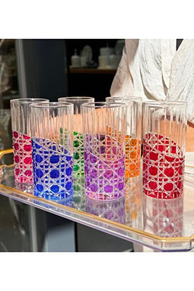 Onedekor 6'lı Dolunay Desen Kahve Yanı Su Bardak Renkli