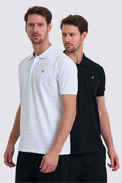 COMBİNE MİCHAİL Men'S Polo Neck Slim FiT T-Shirt - 100% CoTTon, Set of 2, Black and WhiTe