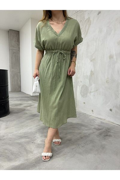 BİKELİFE Sommerliches Leinenkleid für Damen mit Fledermausärmeln und Spitzendetails