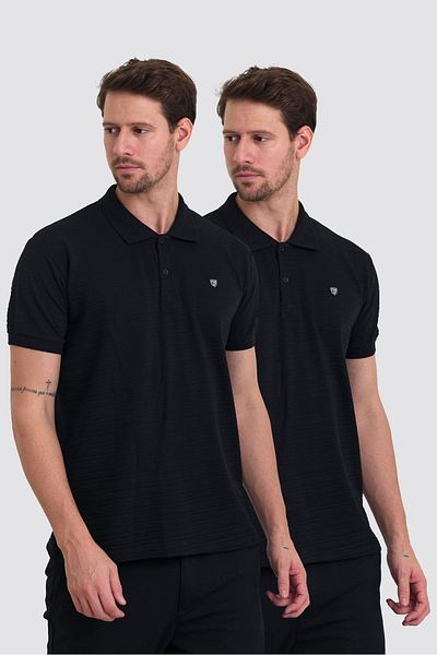 COMBİNE MİCHAİL Ανδρικό μπλουζάκι Polo Neck Slim Fit - 100% βαμβάκι, Σετ 2, ΜΑΥΡΟ ΜΑΥΡΟ