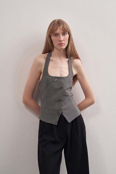 Mathilda By Çiğdem Bilici Gray Slim Fit Crew Neck Vest - Thin Strap, Zippered, Zero Sleeve Stylish Design